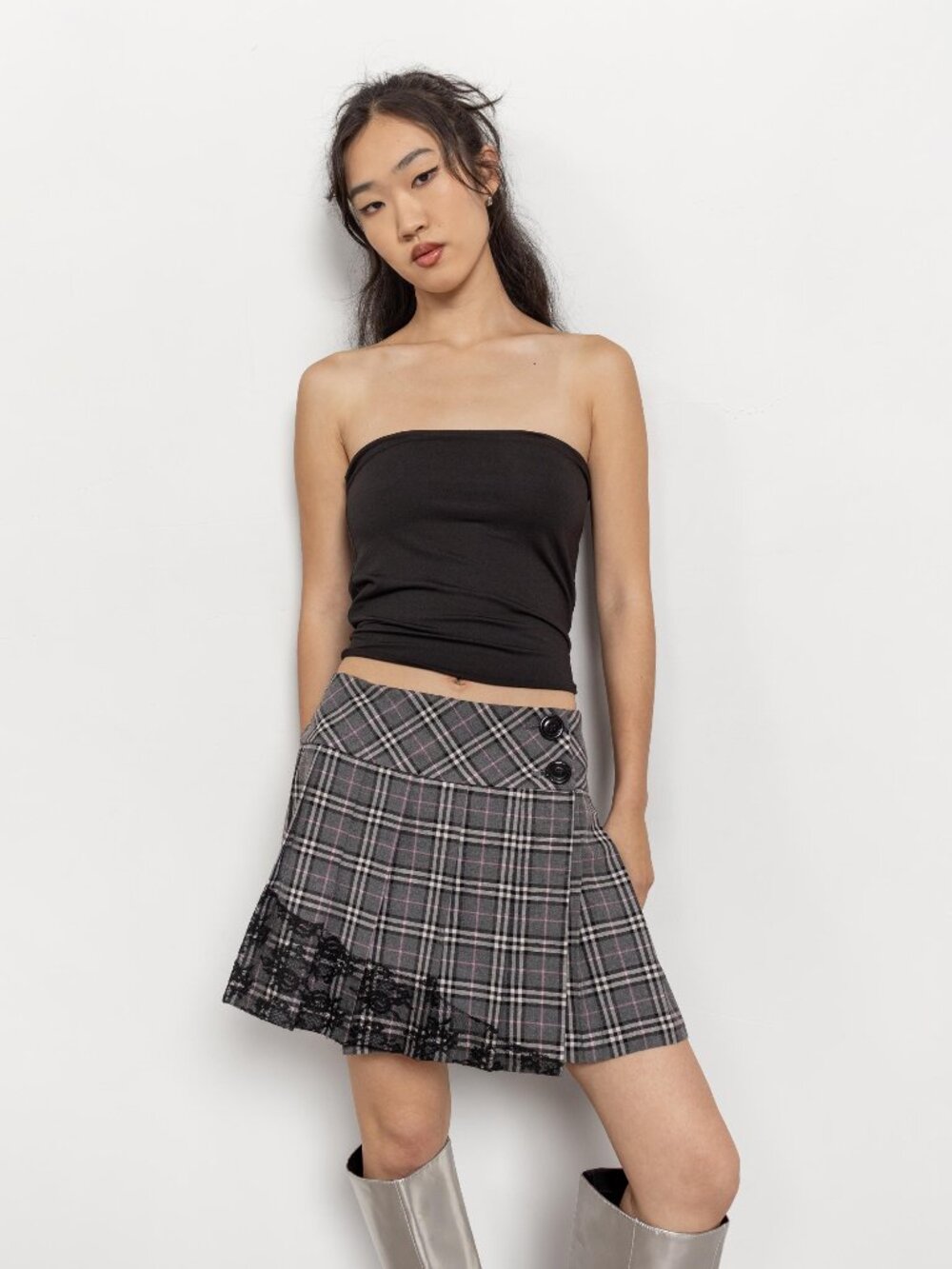 Y2K Skirt Vintage Mini Grey Plaid Lace / Small